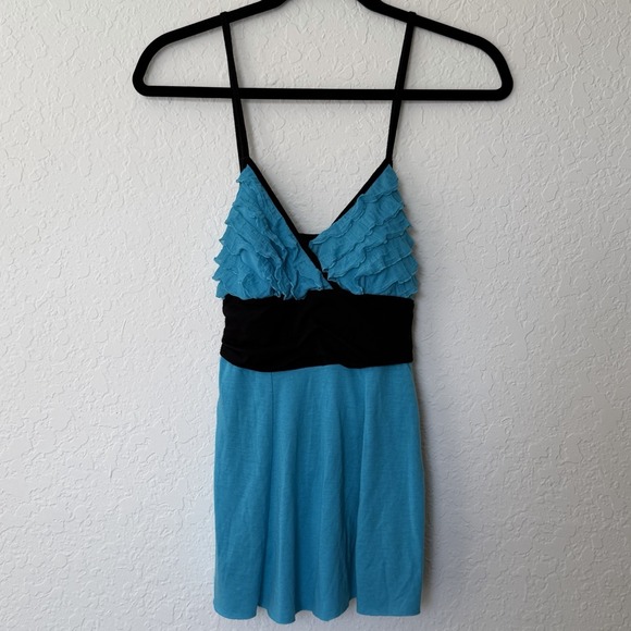 Vtg Y2K Tank Top Babydoll Large Blue Black Ruffle 90s Fairy Myspace‎ Scene Queen